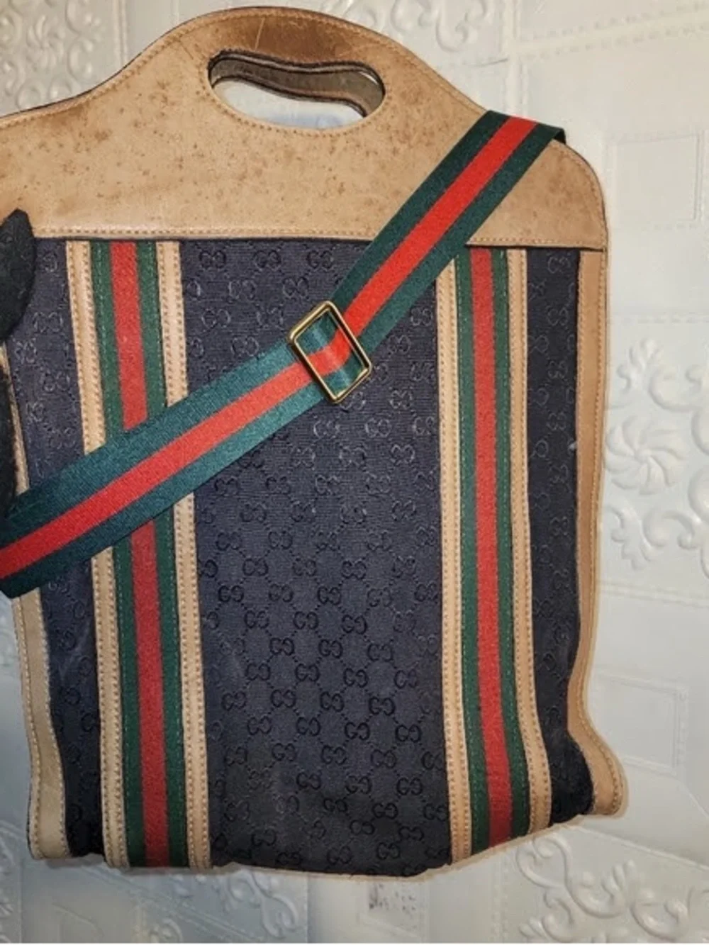 Gucci Navy, Tan & Green-Red-Stripe Canvas Messenger Bag